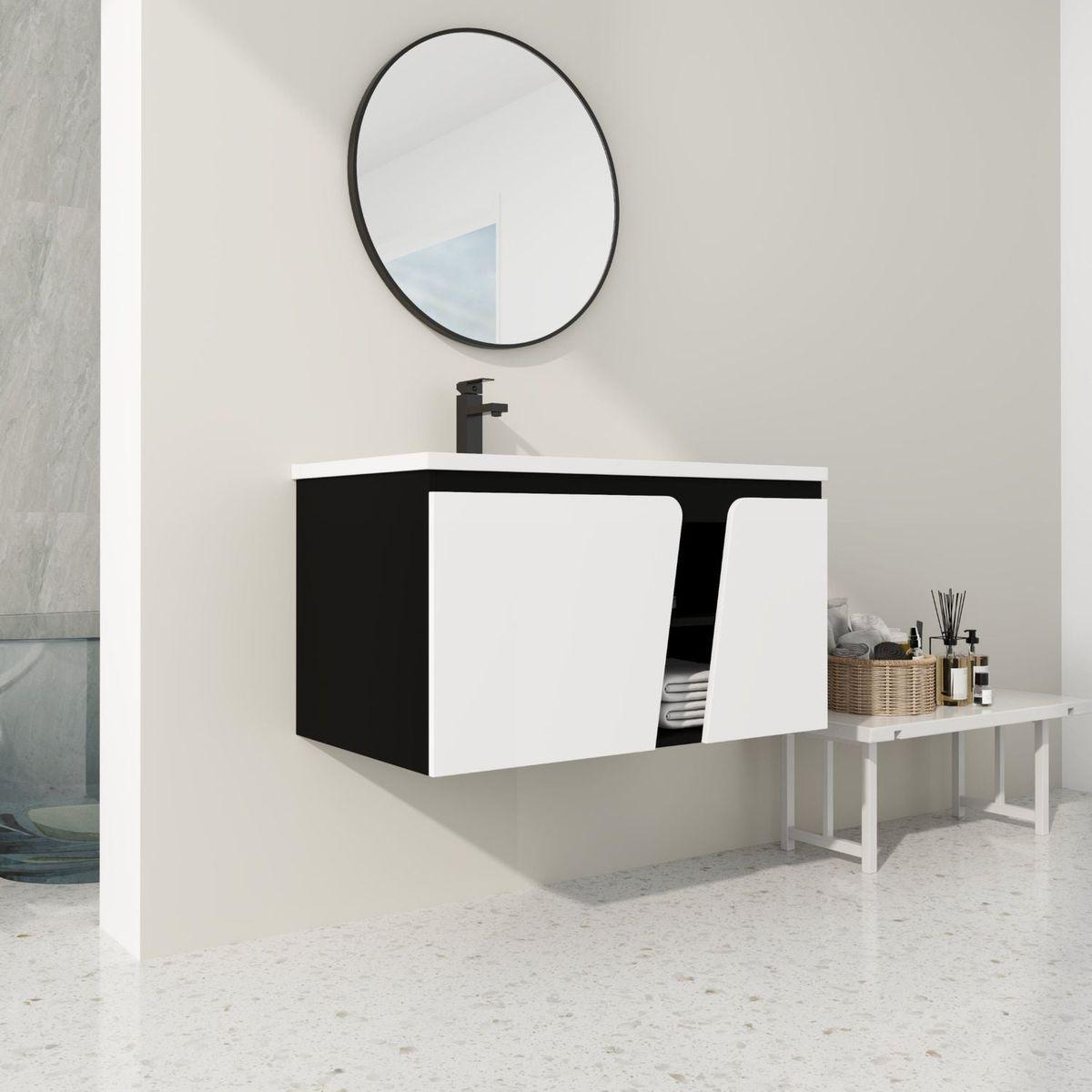 36" Floating Wall-Mounted Bathroom Vanity With Ceramic Basin & Soft-Close Cabinet Door