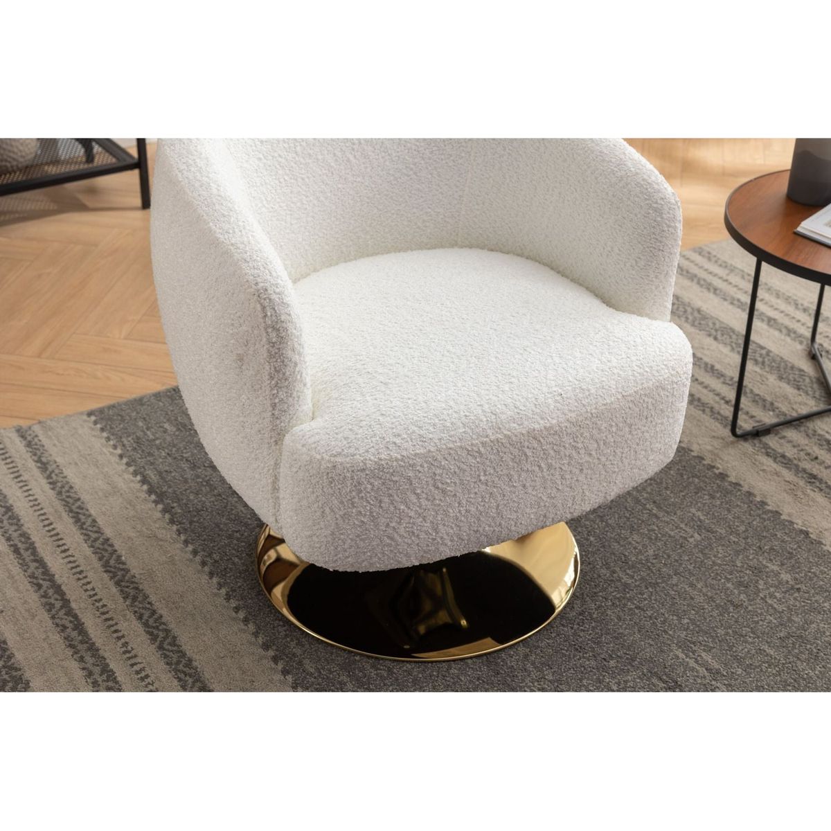 Chenille Fabric Accent Swivel Chair With Gold Metal Round Base,White