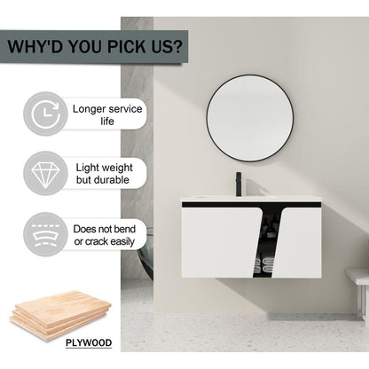 36" Floating Wall-Mounted Bathroom Vanity With Ceramic Basin & Soft-Close Cabinet Door