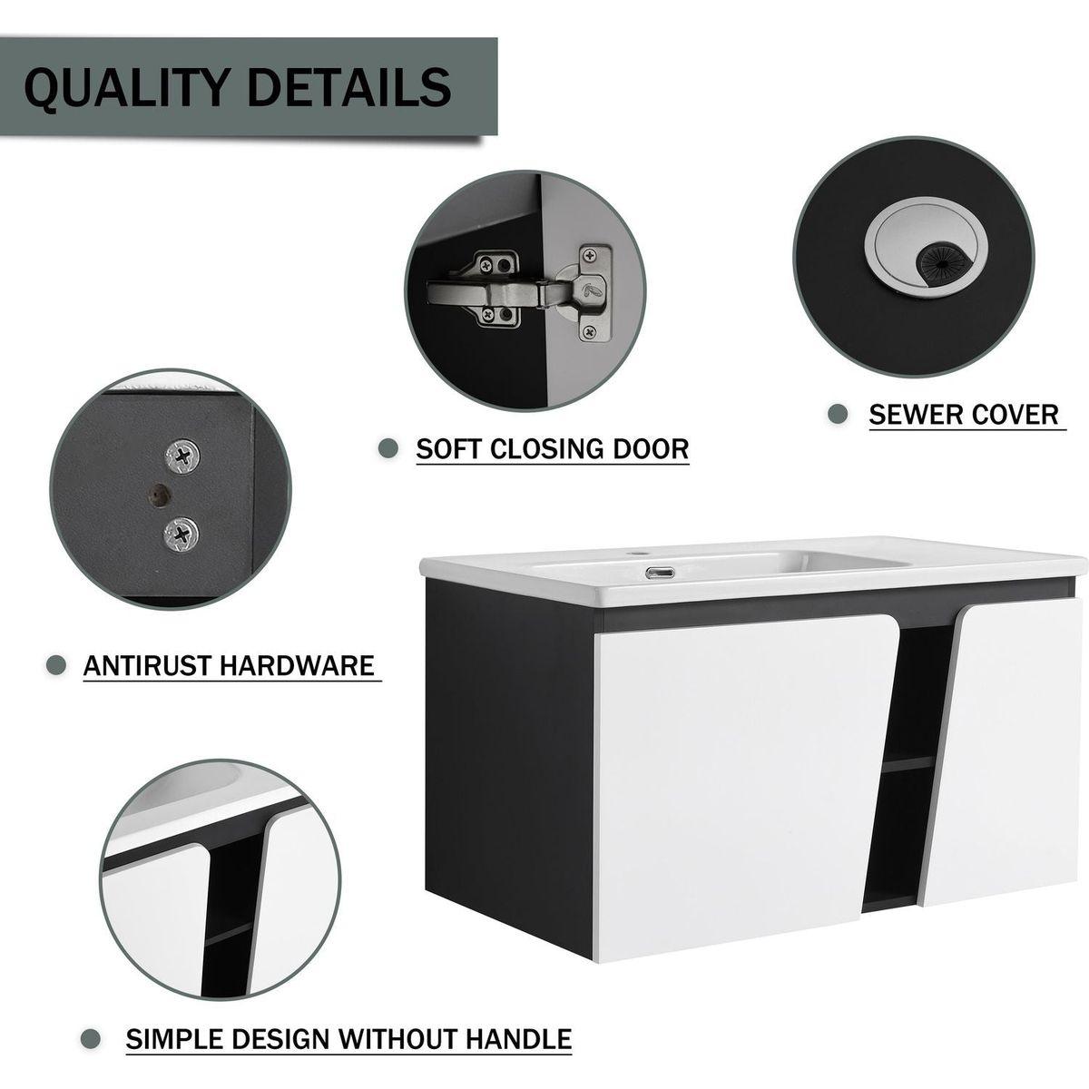 36" Floating Wall-Mounted Bathroom Vanity With Ceramic Basin & Soft-Close Cabinet Door
