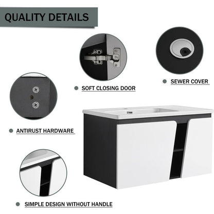 36" Floating Wall-Mounted Bathroom Vanity With Ceramic Basin & Soft-Close Cabinet Door