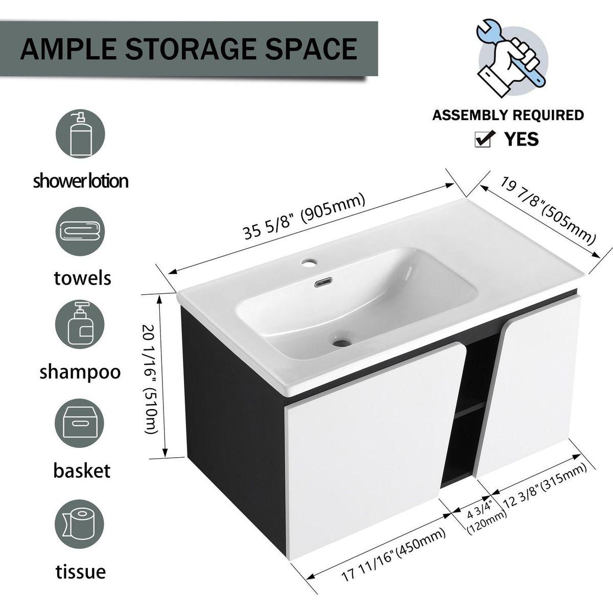 36" Floating Wall-Mounted Bathroom Vanity With Ceramic Basin & Soft-Close Cabinet Door