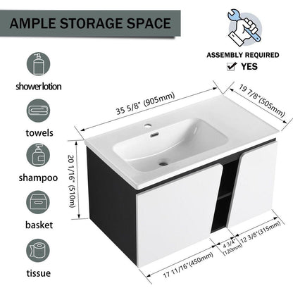 36" Floating Wall-Mounted Bathroom Vanity With Ceramic Basin & Soft-Close Cabinet Door