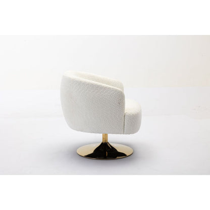 Chenille Fabric Accent Swivel Chair With Gold Metal Round Base,White