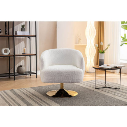 Chenille Fabric Accent Swivel Chair With Gold Metal Round Base,White