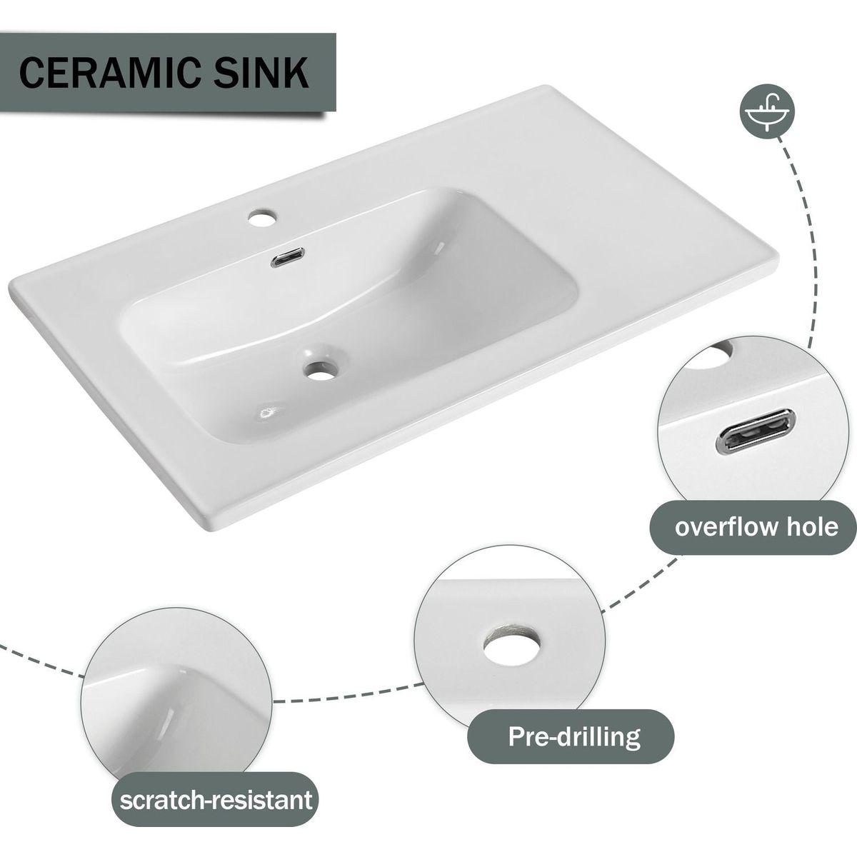 36" Floating Wall-Mounted Bathroom Vanity With Ceramic Basin & Soft-Close Cabinet Door
