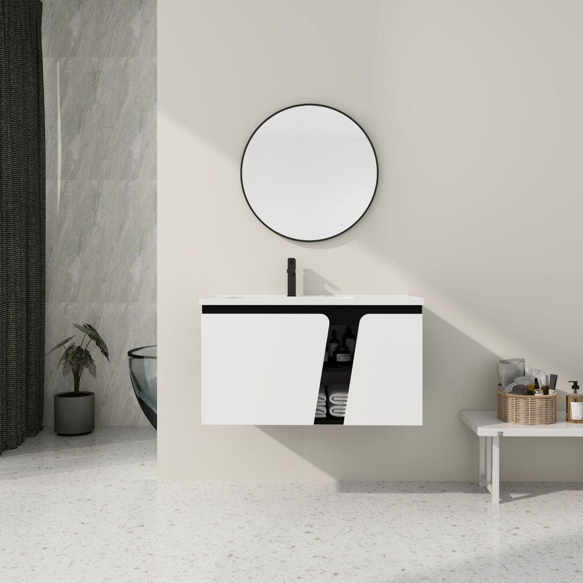 36" Floating Wall-Mounted Bathroom Vanity With Ceramic Basin & Soft-Close Cabinet Door