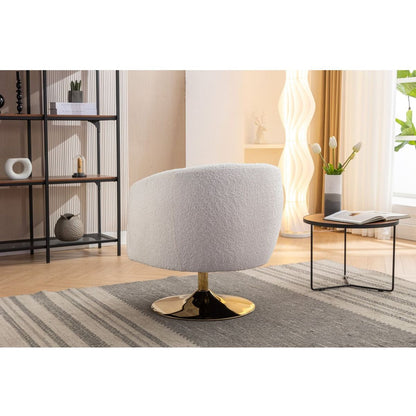 Chenille Fabric Accent Swivel Chair With Gold Metal Round Base,White