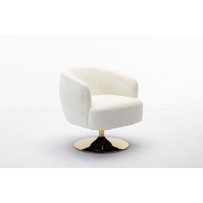 Chenille Fabric Accent Swivel Chair With Gold Metal Round Base,White