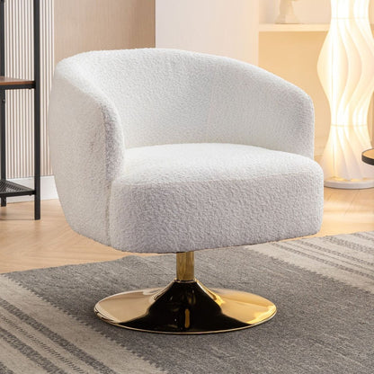 Chenille Fabric Accent Swivel Chair With Gold Metal Round Base,White