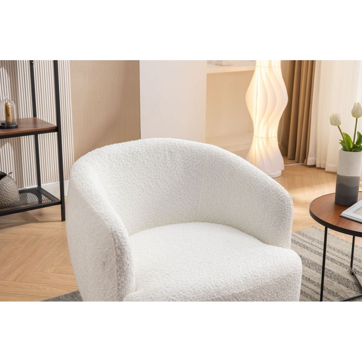 Chenille Fabric Accent Swivel Chair With Gold Metal Round Base,White