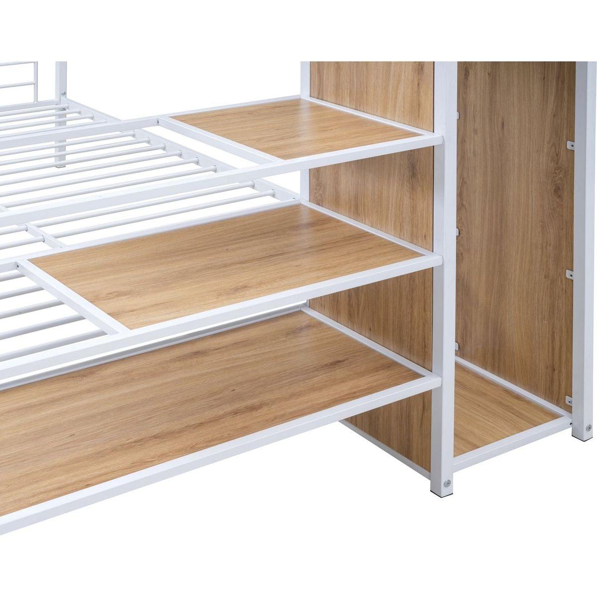 Full Over Full Metal Bunk Bed with Lateral Storage Ladder and Wardrobe, White