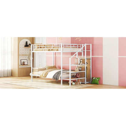 Full Over Full Metal Bunk Bed with Lateral Storage Ladder and Wardrobe, White