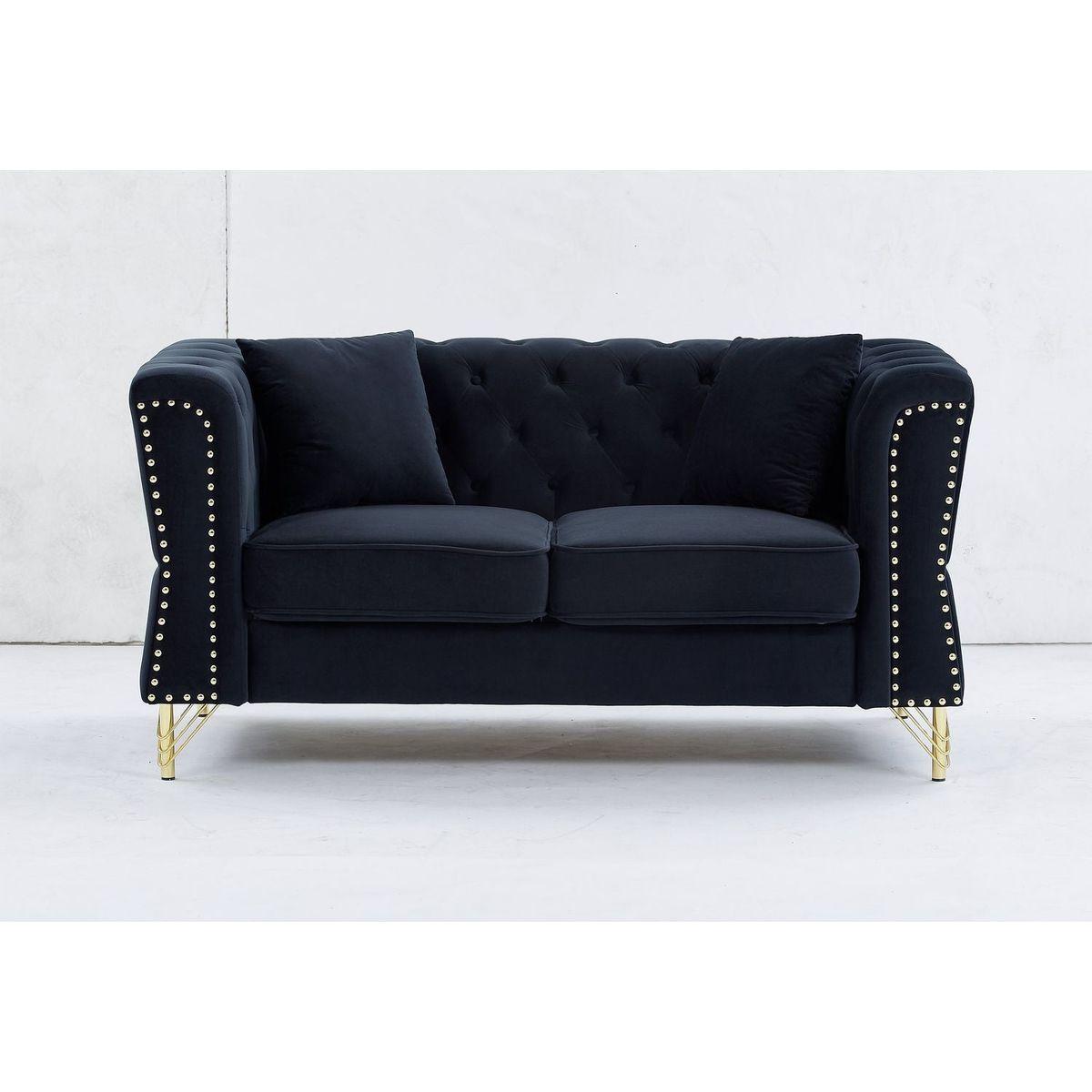 60.2" Chesterfield Sofa Beige Velvet for Living Room, 2 Seater Sofa Tufted Couch with Metal Foot and Nailhead for Living Room, Bedroom, Office, Apartment, two pillows