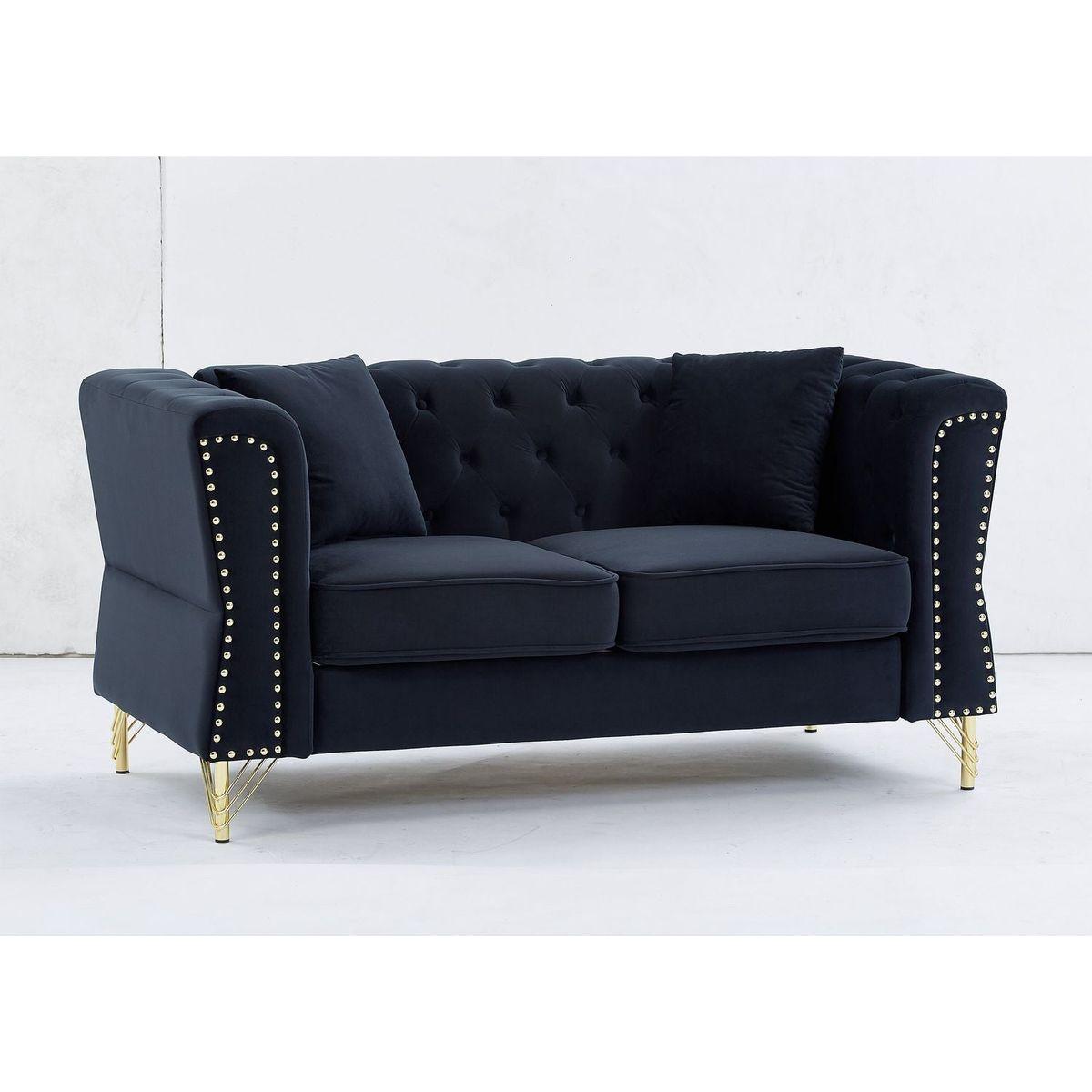 60.2" Chesterfield Sofa Beige Velvet for Living Room, 2 Seater Sofa Tufted Couch with Metal Foot and Nailhead for Living Room, Bedroom, Office, Apartment, two pillows