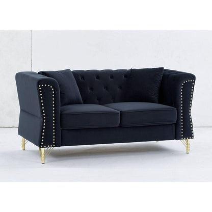 60.2" Chesterfield Sofa Beige Velvet for Living Room, 2 Seater Sofa Tufted Couch with Metal Foot and Nailhead for Living Room, Bedroom, Office, Apartment, two pillows