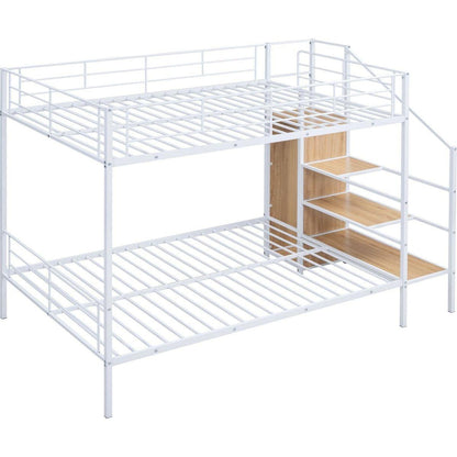 Full Over Full Metal Bunk Bed with Lateral Storage Ladder and Wardrobe, White