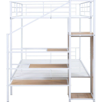 Full Over Full Metal Bunk Bed with Lateral Storage Ladder and Wardrobe, White