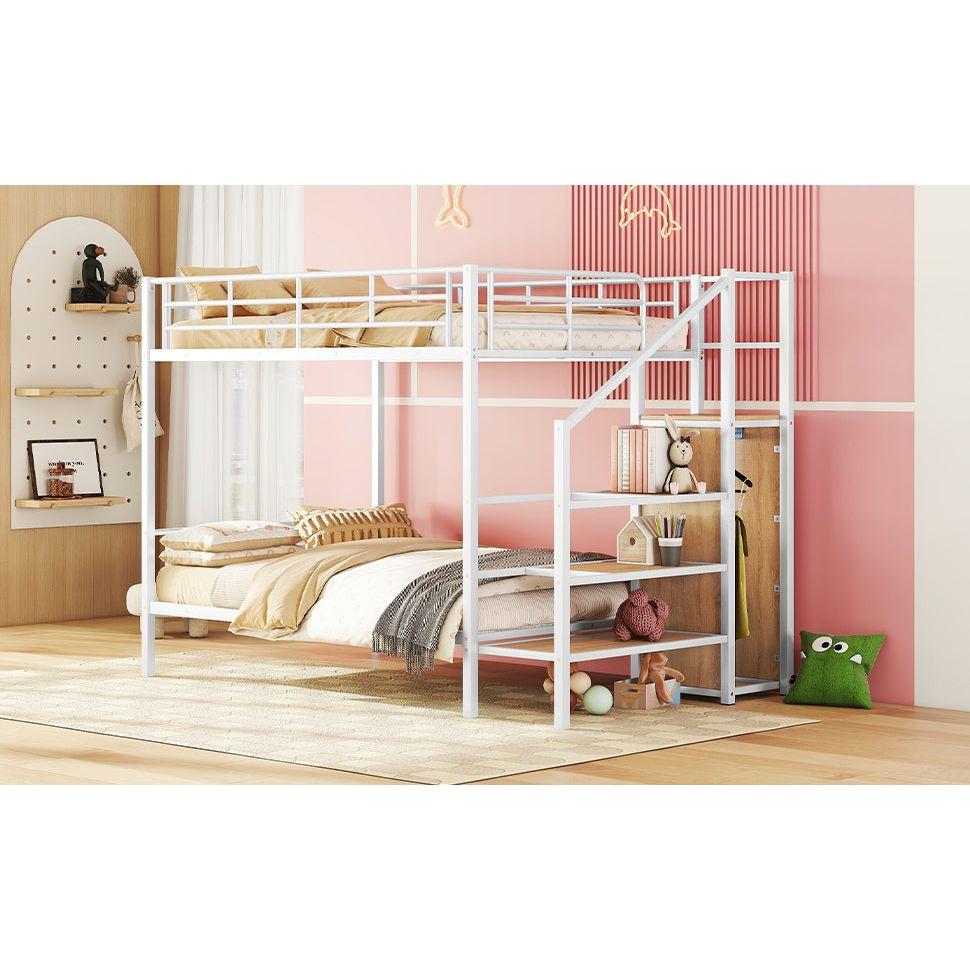 Full Over Full Metal Bunk Bed with Lateral Storage Ladder and Wardrobe, White