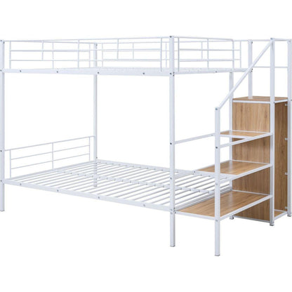 Full Over Full Metal Bunk Bed with Lateral Storage Ladder and Wardrobe, White