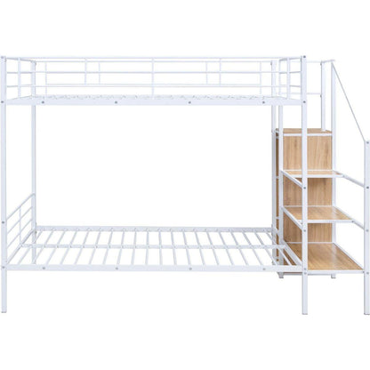 Full Over Full Metal Bunk Bed with Lateral Storage Ladder and Wardrobe, White