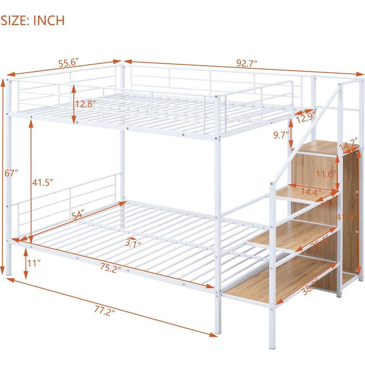 Full Over Full Metal Bunk Bed with Lateral Storage Ladder and Wardrobe, White