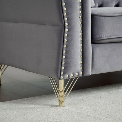 60.2" Chesterfield Sofa Beige Velvet for Living Room, 2 Seater Sofa Tufted Couch with Metal Foot and Nailhead for Living Room, Bedroom, Office, Apartment, two pillows