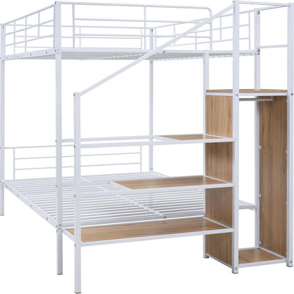 Full Over Full Metal Bunk Bed with Lateral Storage Ladder and Wardrobe, White
