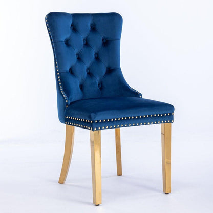 Nikki Collection Modern, High-end Tufted Solid Wood Contemporary Velvet Upholstered Dining Chair with Golden Stainless Steel Plating Legs,Nailhead Trim,Set of 2,Blue and Gold