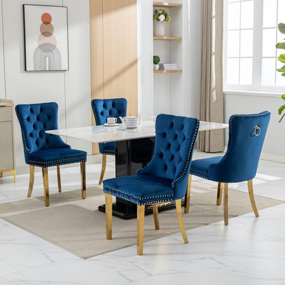 Nikki Collection Modern, High-end Tufted Solid Wood Contemporary Velvet Upholstered Dining Chair with Golden Stainless Steel Plating Legs,Nailhead Trim,Set of 2,Blue and Gold