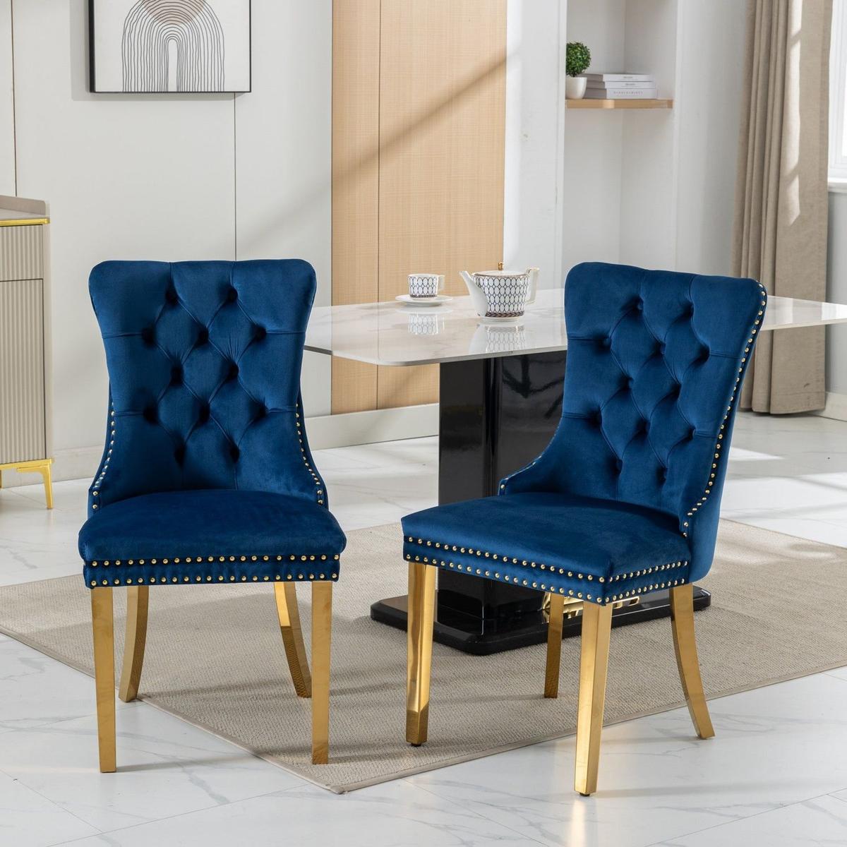 Nikki Collection Modern, High-end Tufted Solid Wood Contemporary Velvet Upholstered Dining Chair with Golden Stainless Steel Plating Legs,Nailhead Trim,Set of 2,Blue and Gold