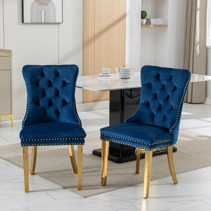 Nikki Collection Modern, High-end Tufted Solid Wood Contemporary Velvet Upholstered Dining Chair with Golden Stainless Steel Plating Legs,Nailhead Trim,Set of 2,Blue and Gold