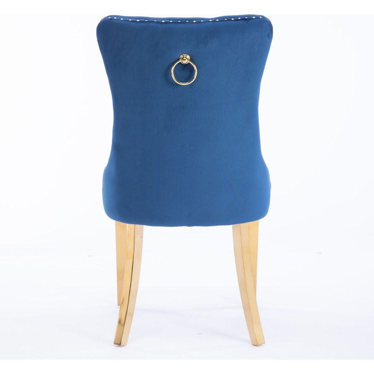 Nikki Collection Modern, High-end Tufted Solid Wood Contemporary Velvet Upholstered Dining Chair with Golden Stainless Steel Plating Legs,Nailhead Trim,Set of 2,Blue and Gold