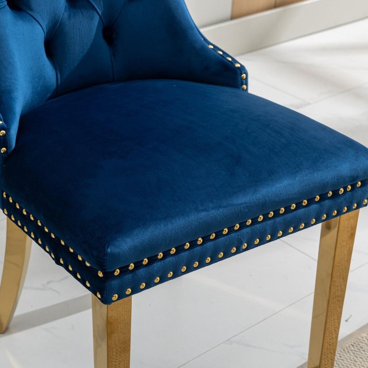 Nikki Collection Modern, High-end Tufted Solid Wood Contemporary Velvet Upholstered Dining Chair with Golden Stainless Steel Plating Legs,Nailhead Trim,Set of 2,Blue and Gold