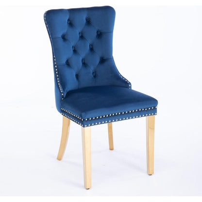 Nikki Collection Modern, High-end Tufted Solid Wood Contemporary Velvet Upholstered Dining Chair with Golden Stainless Steel Plating Legs,Nailhead Trim,Set of 2,Blue and Gold