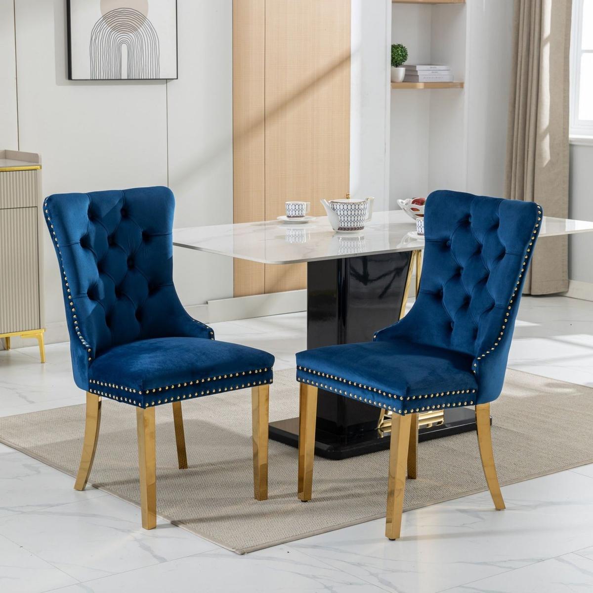 Nikki Collection Modern, High-end Tufted Solid Wood Contemporary Velvet Upholstered Dining Chair with Golden Stainless Steel Plating Legs,Nailhead Trim,Set of 2,Blue and Gold