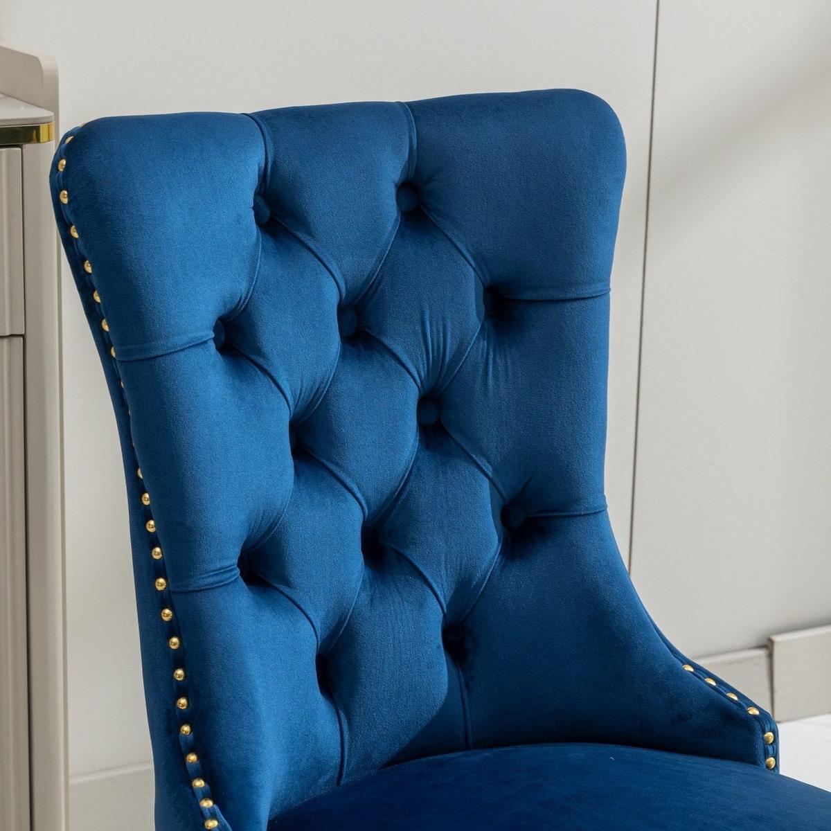 Nikki Collection Modern, High-end Tufted Solid Wood Contemporary Velvet Upholstered Dining Chair with Golden Stainless Steel Plating Legs,Nailhead Trim,Set of 2,Blue and Gold