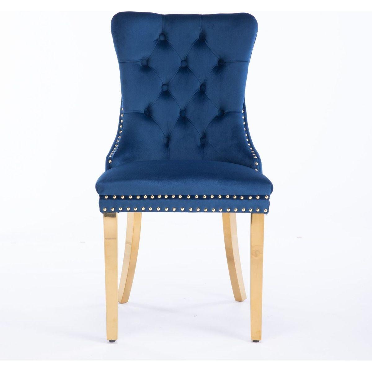 Nikki Collection Modern, High-end Tufted Solid Wood Contemporary Velvet Upholstered Dining Chair with Golden Stainless Steel Plating Legs,Nailhead Trim,Set of 2,Blue and Gold