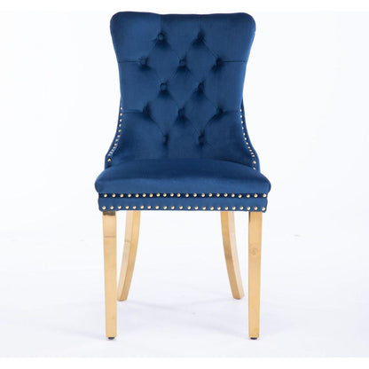 Nikki Collection Modern, High-end Tufted Solid Wood Contemporary Velvet Upholstered Dining Chair with Golden Stainless Steel Plating Legs,Nailhead Trim,Set of 2,Blue and Gold