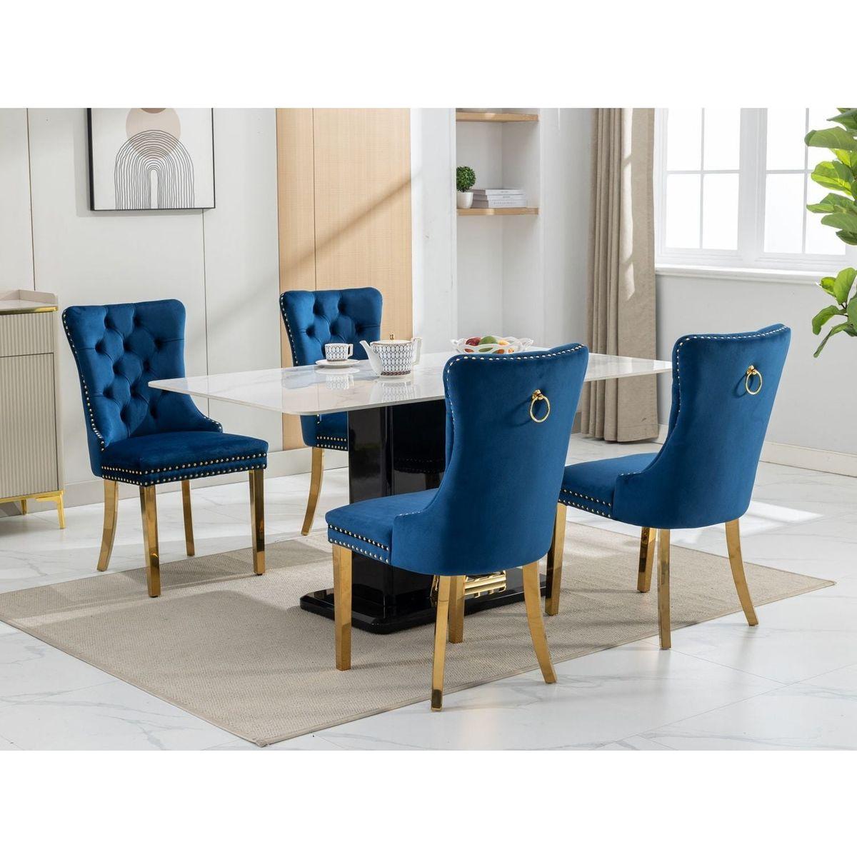 Nikki Collection Modern, High-end Tufted Solid Wood Contemporary Velvet Upholstered Dining Chair with Golden Stainless Steel Plating Legs,Nailhead Trim,Set of 2,Blue and Gold