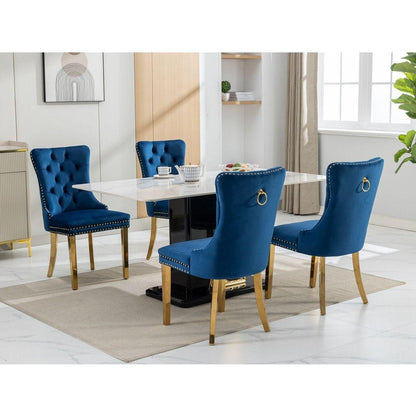 Nikki Collection Modern, High-end Tufted Solid Wood Contemporary Velvet Upholstered Dining Chair with Golden Stainless Steel Plating Legs,Nailhead Trim,Set of 2,Blue and Gold