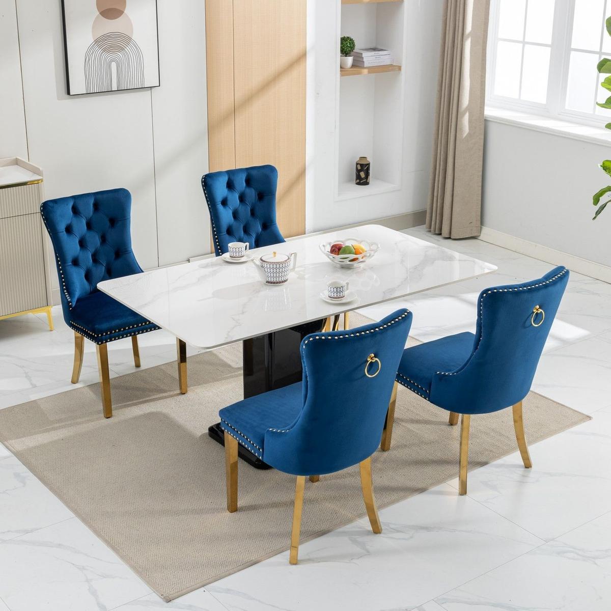 Nikki Collection Modern, High-end Tufted Solid Wood Contemporary Velvet Upholstered Dining Chair with Golden Stainless Steel Plating Legs,Nailhead Trim,Set of 2,Blue and Gold
