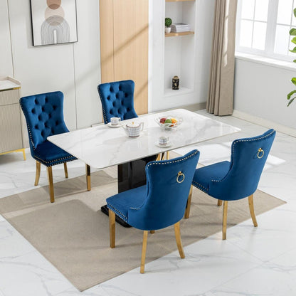 Nikki Collection Modern, High-end Tufted Solid Wood Contemporary Velvet Upholstered Dining Chair with Golden Stainless Steel Plating Legs,Nailhead Trim,Set of 2,Blue and Gold