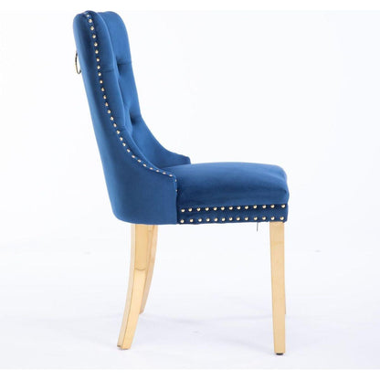 Nikki Collection Modern, High-end Tufted Solid Wood Contemporary Velvet Upholstered Dining Chair with Golden Stainless Steel Plating Legs,Nailhead Trim,Set of 2,Blue and Gold