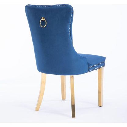 Nikki Collection Modern, High-end Tufted Solid Wood Contemporary Velvet Upholstered Dining Chair with Golden Stainless Steel Plating Legs,Nailhead Trim,Set of 2,Blue and Gold