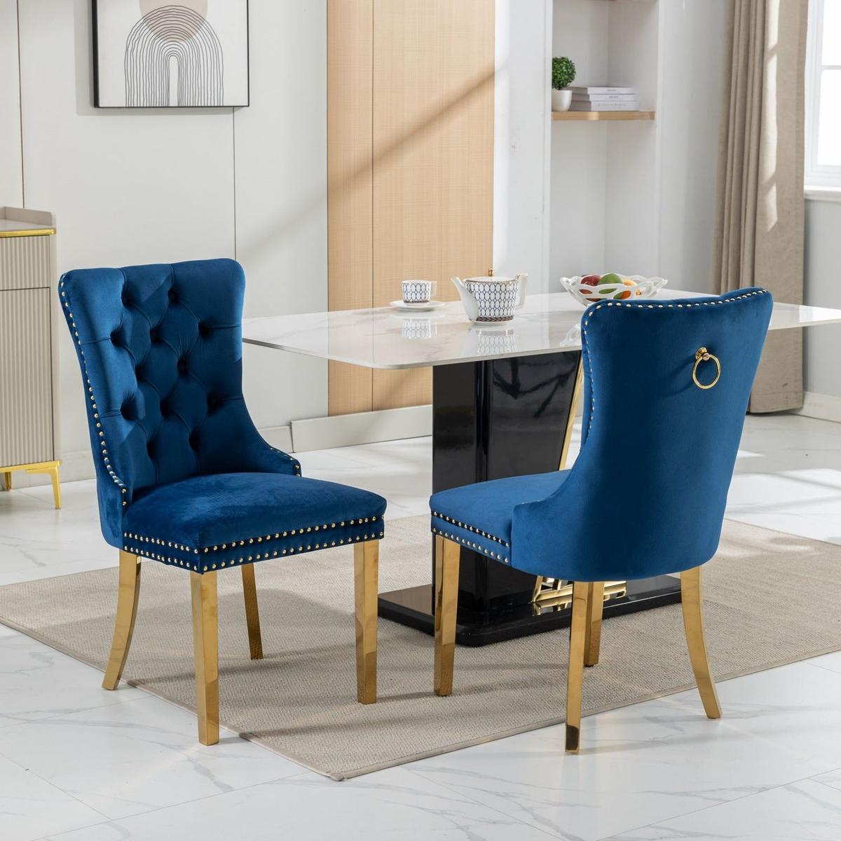 Nikki Collection Modern, High-end Tufted Solid Wood Contemporary Velvet Upholstered Dining Chair with Golden Stainless Steel Plating Legs,Nailhead Trim,Set of 2,Blue and Gold