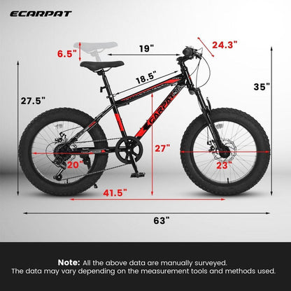 Kids Bike 20 Inch Wheels, 4" Wide Fat Tire Snow Mountain Bike Ages 8-12 Year Old, Steel Frame, 7 Speed Teenager Children Kids' Bicycles