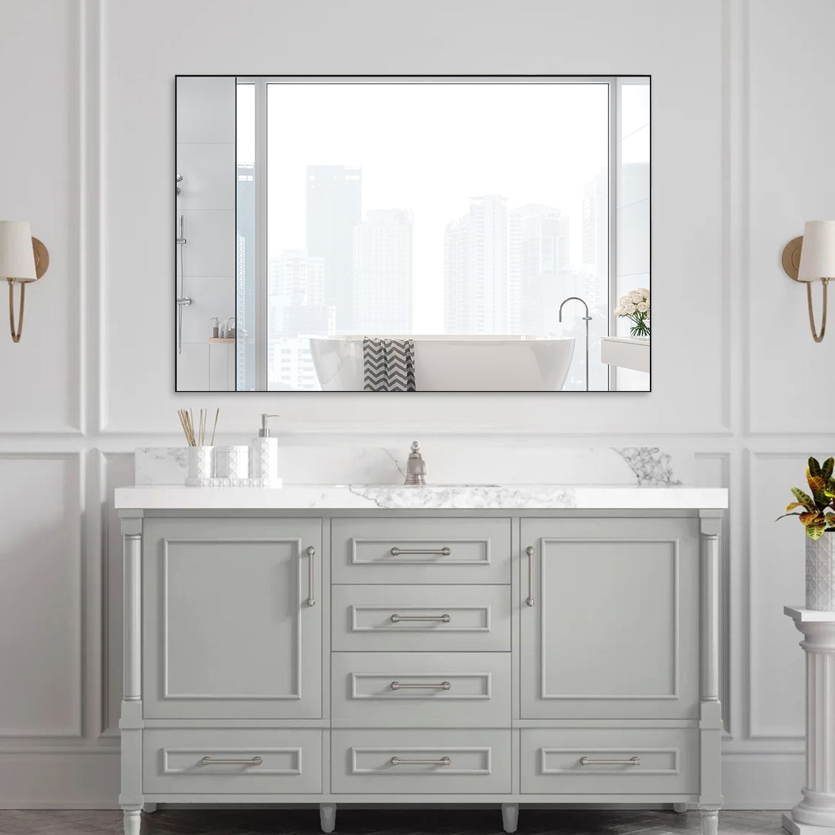 48"x32" Oversized Modern Rectangle Bathroom Mirror with Balck Frame Decorative Large Wall Mirrors for Bathroom Living Room Bedroom Vertical or Horizontal Wall Mounted mirror with Aluminum Frame