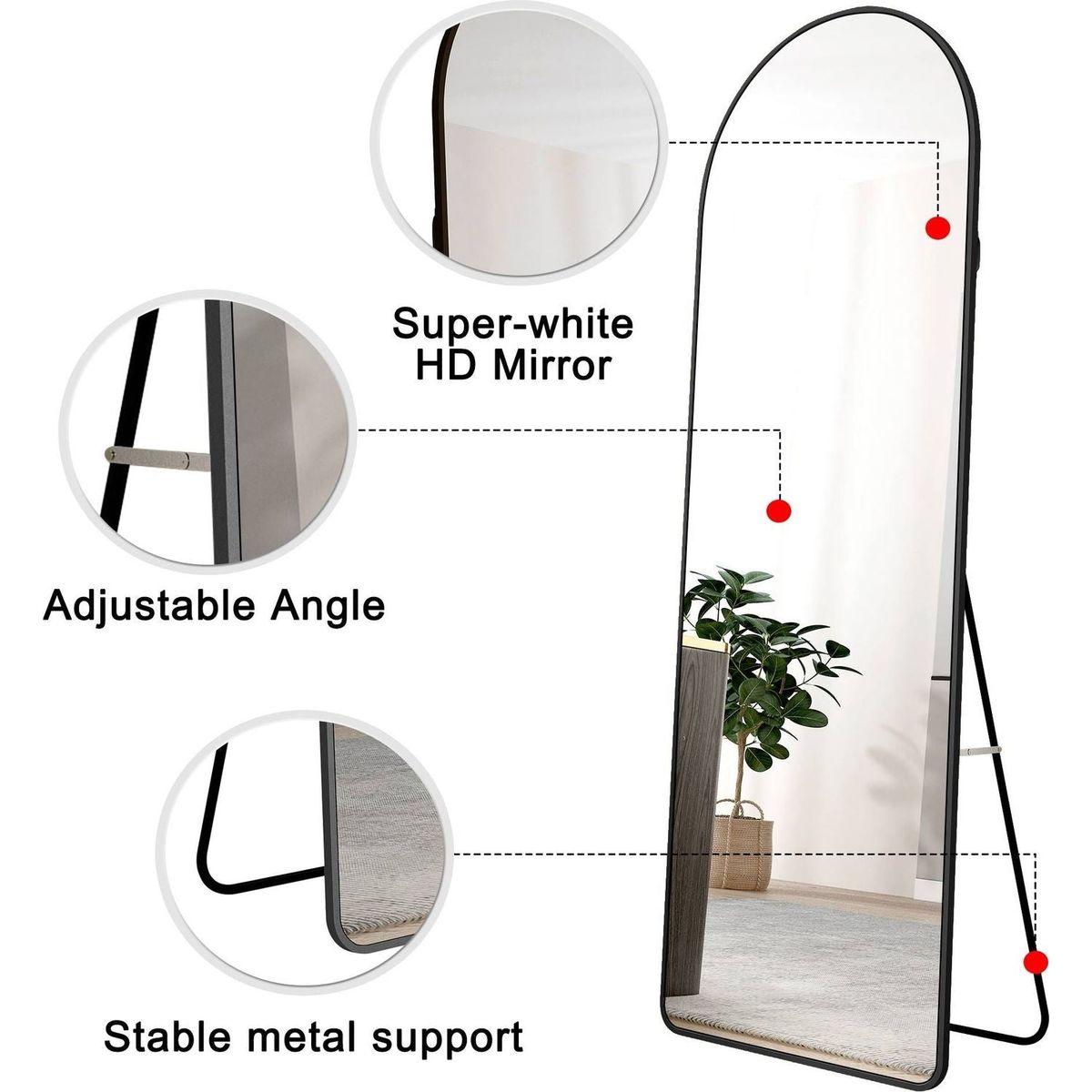 The 4st generation of floor mounted full length mirrors. Aluminum alloy metal frame arched wall mirror, bathroom makeup mirror, bedroom porch, clothing store, wall mounted.Black 59.8 "x16.5"