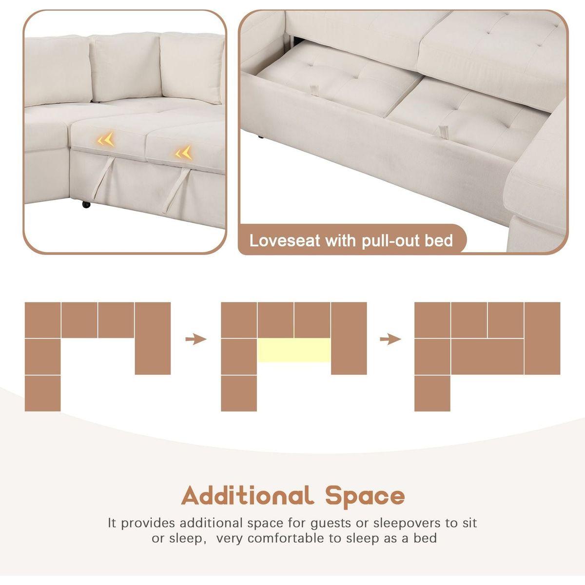 Sectional Sleeper Sofa with Pull-out Bed and Lounge Chair, USB and Type-C Interfaces, Suitable for Living Room, Office, and Spacious Spaces